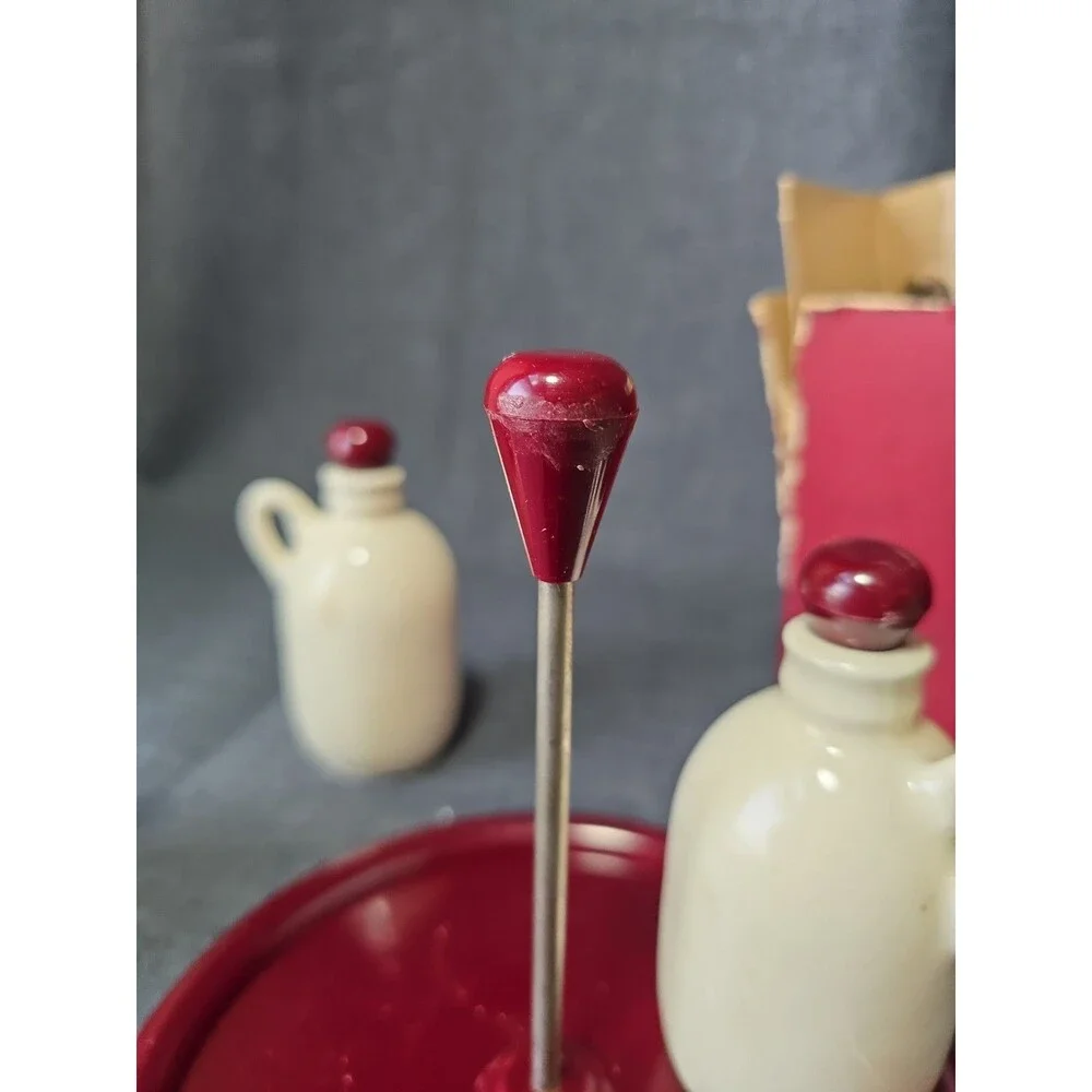 Vintage Carvanite Mid Century Classic Maroon Ceramic & Plastic Condiment Set